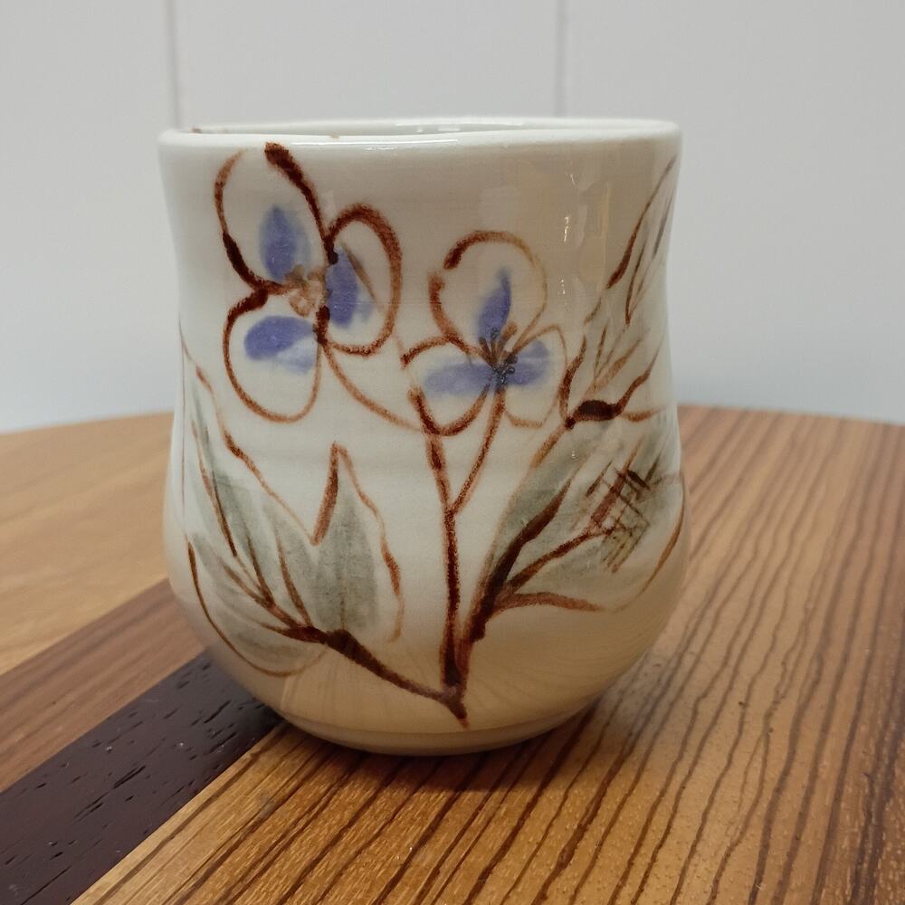 Studio Pottery Ceramic Yunomi Tea Cup Hand Painted Blue Floral Vine Signed Mug